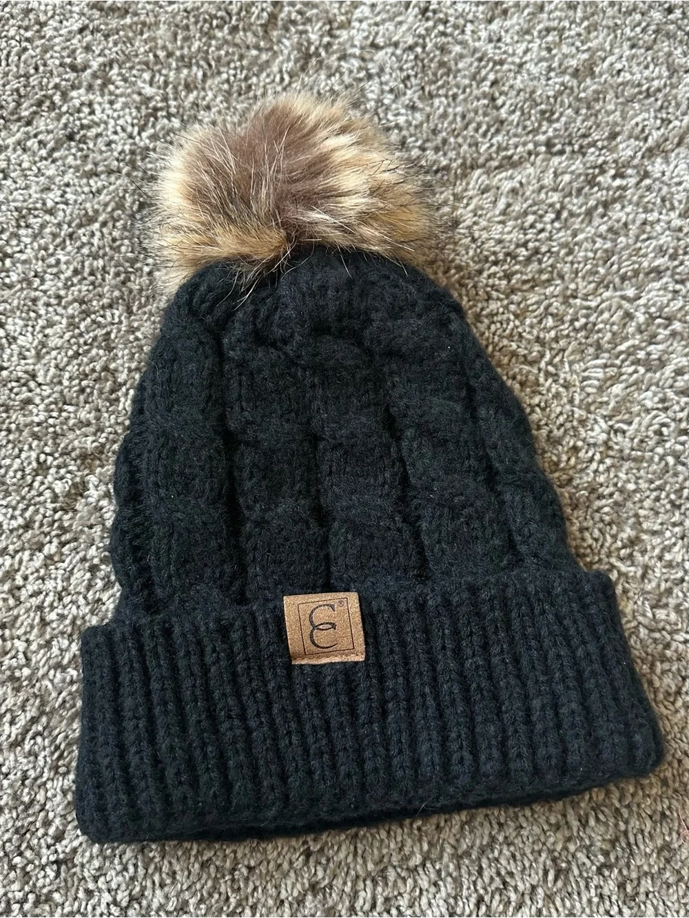 CC Boutique Black Knit Beanie with Brown Faux Fur Pom